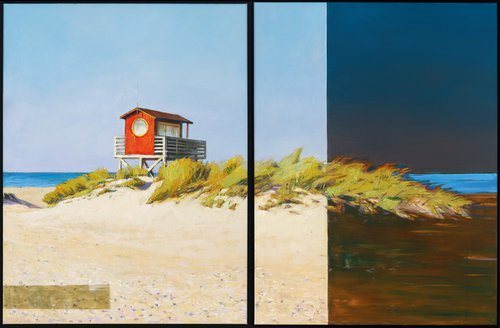 Red Lifeguard Tower Diptych by Bo Kravchenko