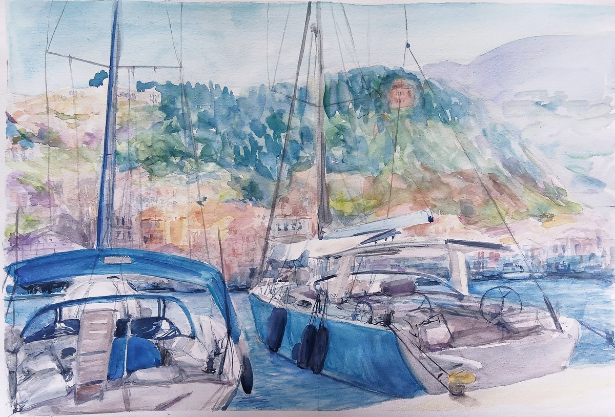 Watercolor boats painting by Jelena Milojevic