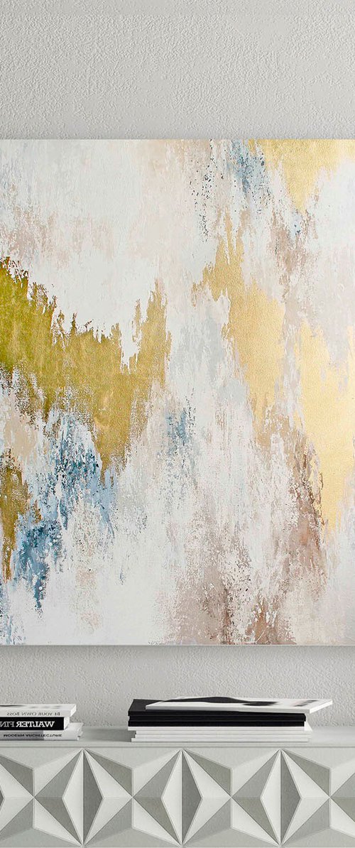 "Golden rays" White gold abstract acrylic art by Yana Sagan