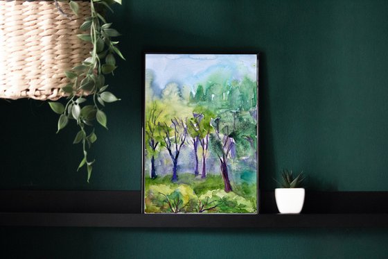 Tree Watercolor Painting Original, Green Forest Artwork, Bright Wall Art, Art Lover Gift