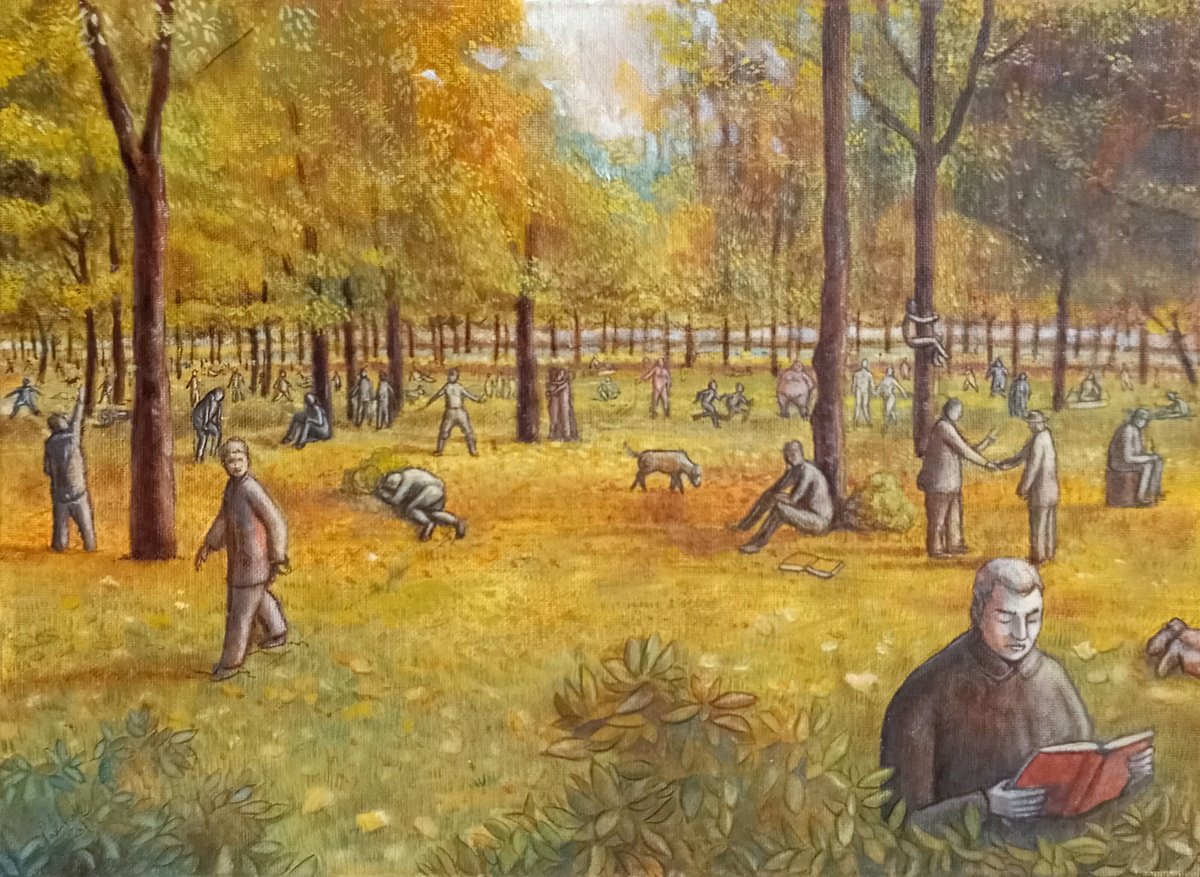 Illustrative Portrait Oil Painting By Paolo Beneforti, 16 X 12", Life In The Park, Original Artwork