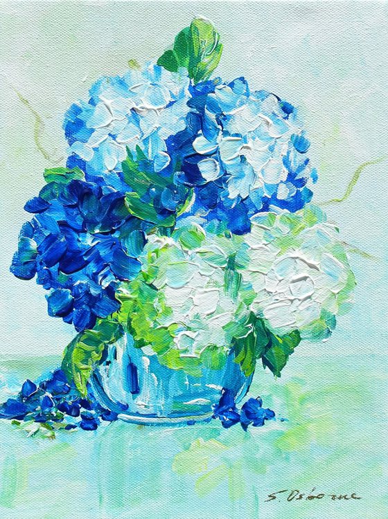 White and Blue Hydrangea Small Painting on Canvas. Modern Impressionism Contemporary Art