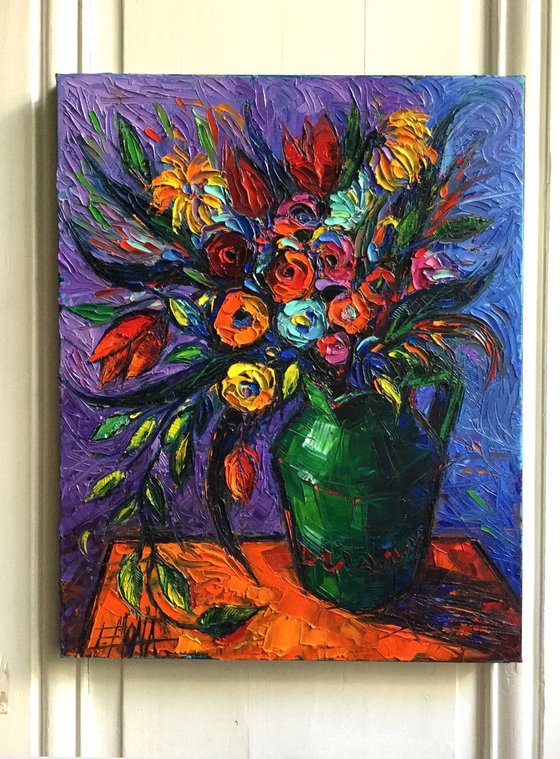 SPRING FLOWERS IN GREEN JUG - 50x40cm palette knife impasto oil painting modern impressionism