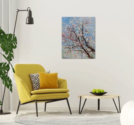 Flowering apricot tree Original oil painting