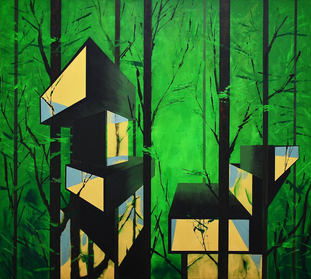 Geometric Cityscapes Acrylic Painting By Zeljka Paic, 39 X 35", Green Architecture X, Original Artwork