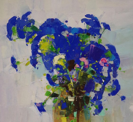 Vase of Blue Flowers, Oil painting, One of a kind, Signed, Handmade artwork