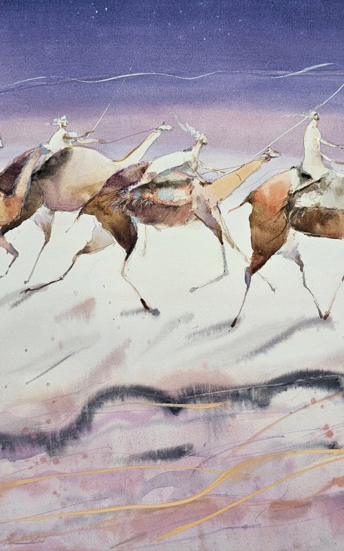 Camel Racing, Arabian Desert - Painting by Olga Sova