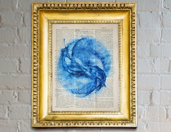 Blue Vibrations 1 - Collage Art on Large Real English Dictionary Vintage Book Page