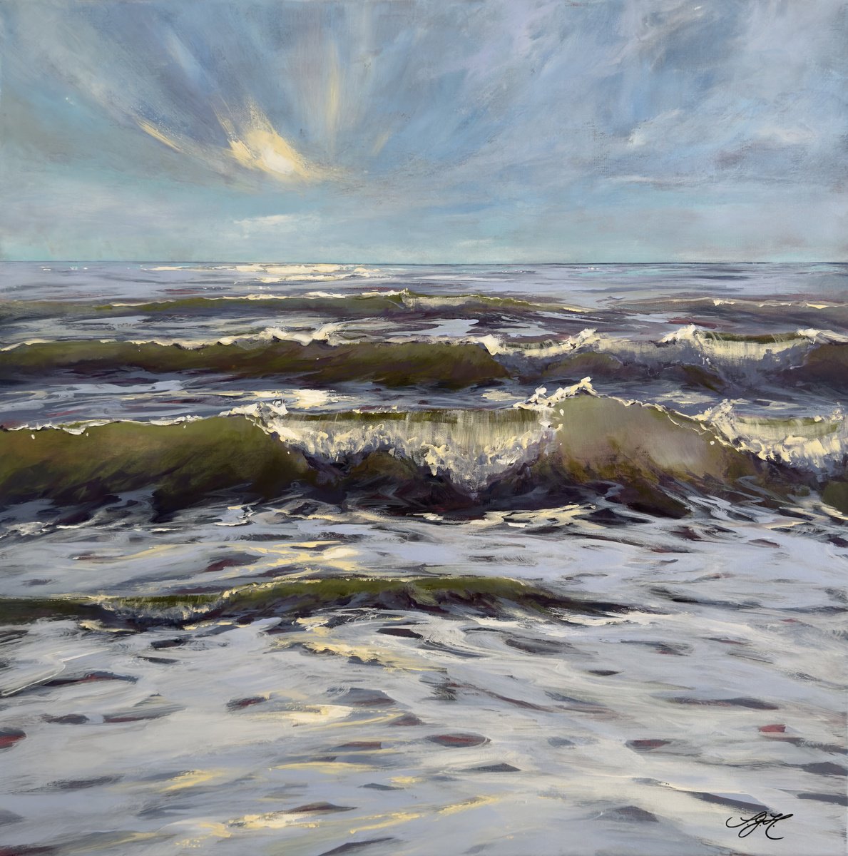 Photorealistic Landscape Acrylic Painting By Sandra Gebhardt-Hoepfner, 31 X 31", Ocean Breeze 5, Original Artwork