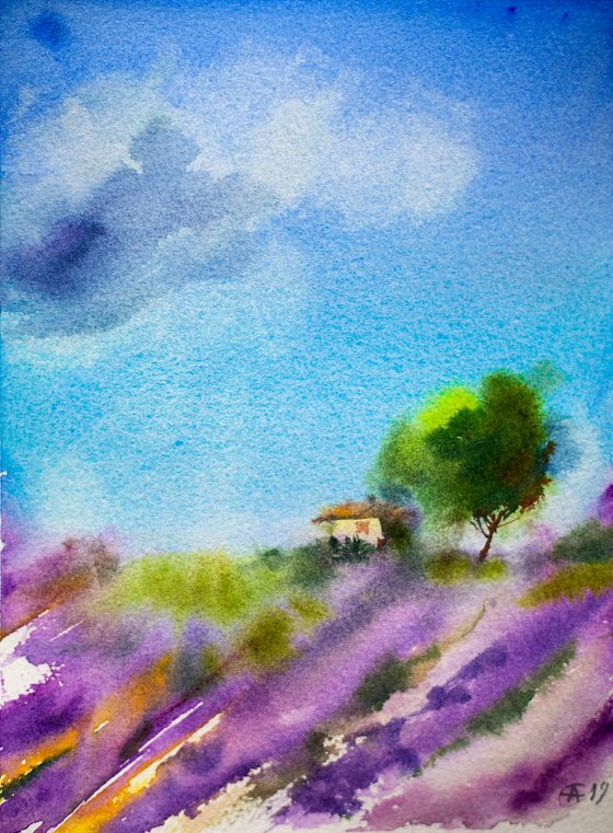 Lavender landscape. Original small watercolor. Study little purple france provence interior detail cute house impression