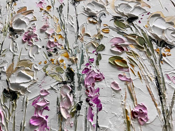 White Roses - 3D Textured Flower Painting Abstract Beige White Pink Purple Flower Painting Decor Living Room Decor Texture Acrylic Painting