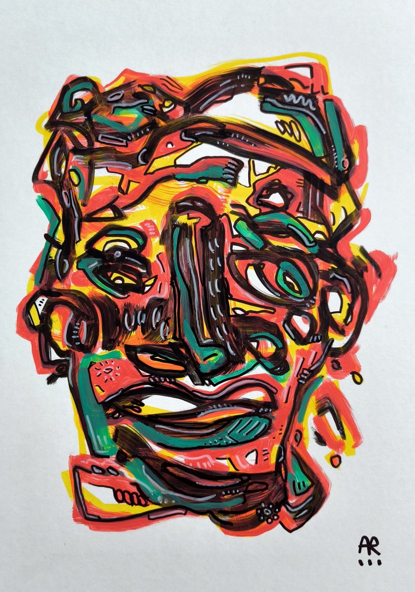 Expressive Portrait Drawing By Angel Rivas, 9 X 13, Crazy Face, Original Artwork