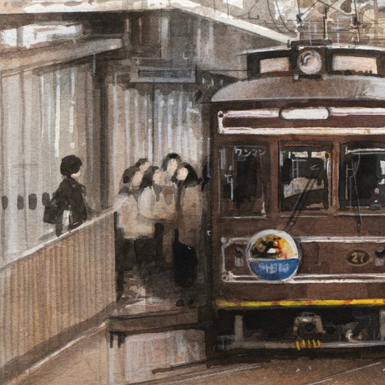 Retro Tram at Station in Kyoto / Sketch