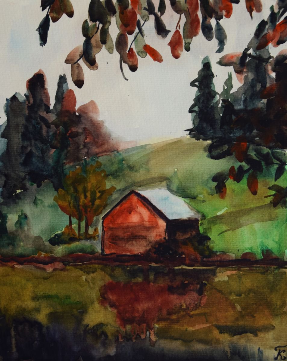 Watercolor painting Autumn House by Kate Grishakova