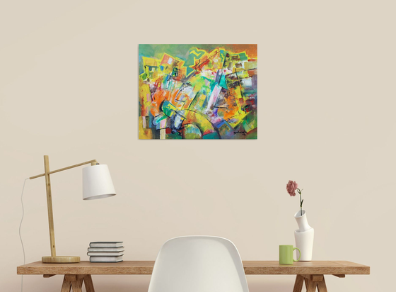 Shining Day, Bright Yellow, Blue Turquoise Luminous Colors Abstract Art On Canvas