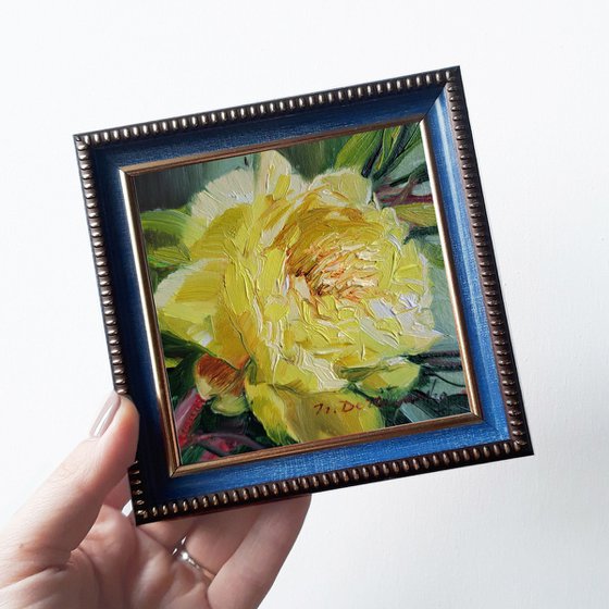 Small oil painting original framed art Yellow peony flower 4x4 in frame