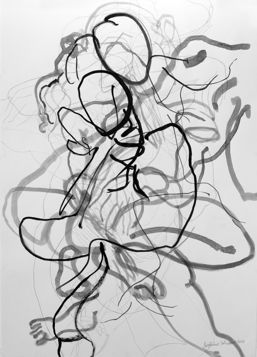 Organic Abstract Ink Drawing By Josephine Window, 23 X 33", Ink Brush Drawing 17, Original Artwork