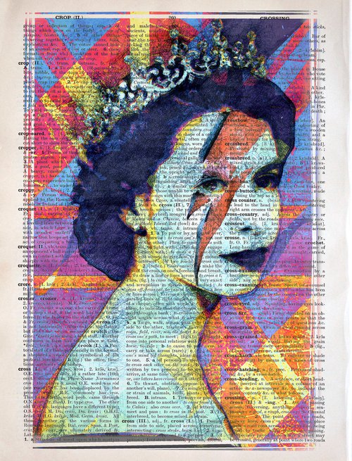Queen Elizabeth II - Ziggy Stardust Makeup - Pop Art Collage Art on Large Real English Dictionary Vintage Book Page by Jakub DK - JAKUB D KRZEWNIAK