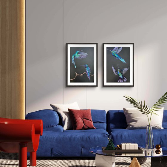 Colibri Flowers Diptych Pastel