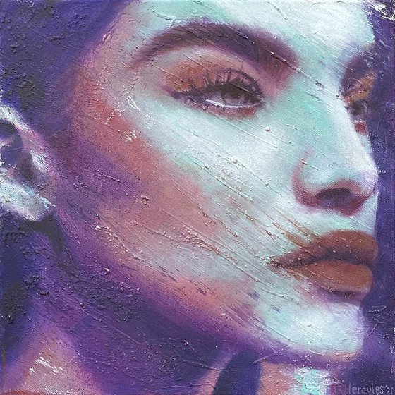 Megan | Oil painting woman modern artwork on canvas purple red green colorful contemporary portrait
