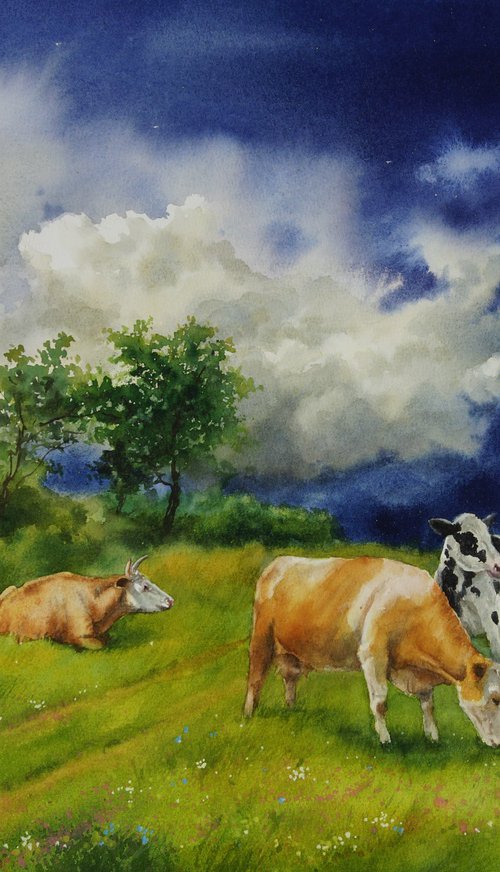 Cattle Grazing by Olga Beliaeva Watercolour