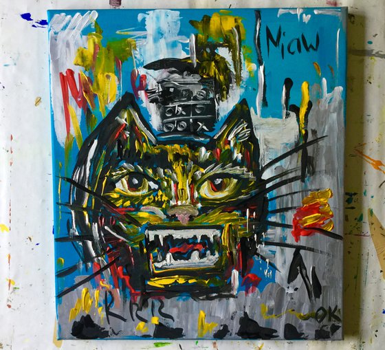 UNTITLED cat  version of famous painting by Jean-Michel Basquiat (1982)