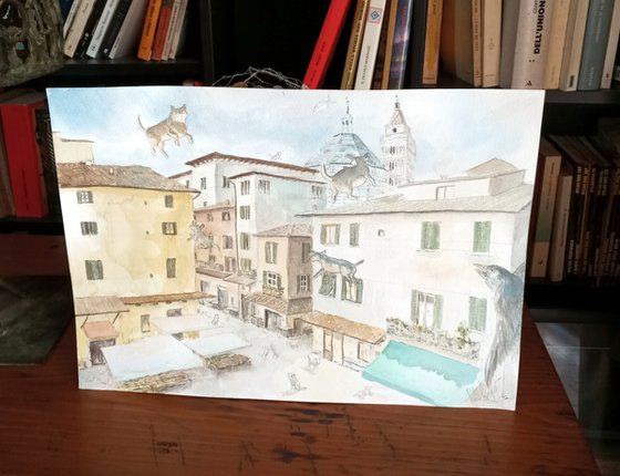 Square in Italy with animals
