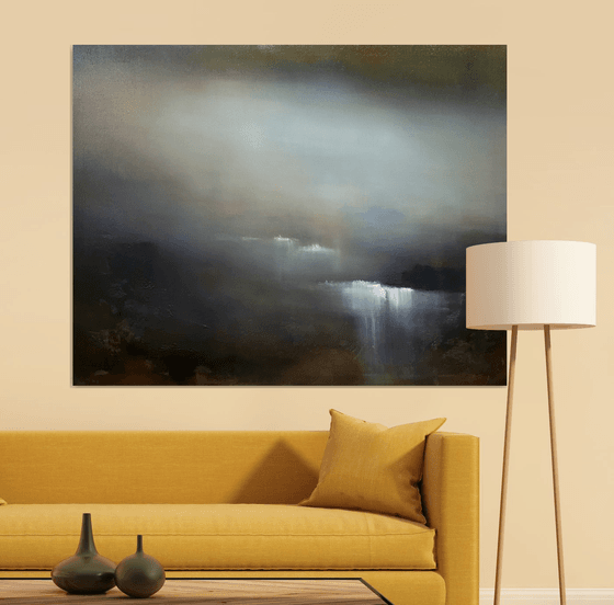 Blue dam 120x90 cm  - gold particles original oil painting landscape gift modern urban art office art decor home decor gift idea