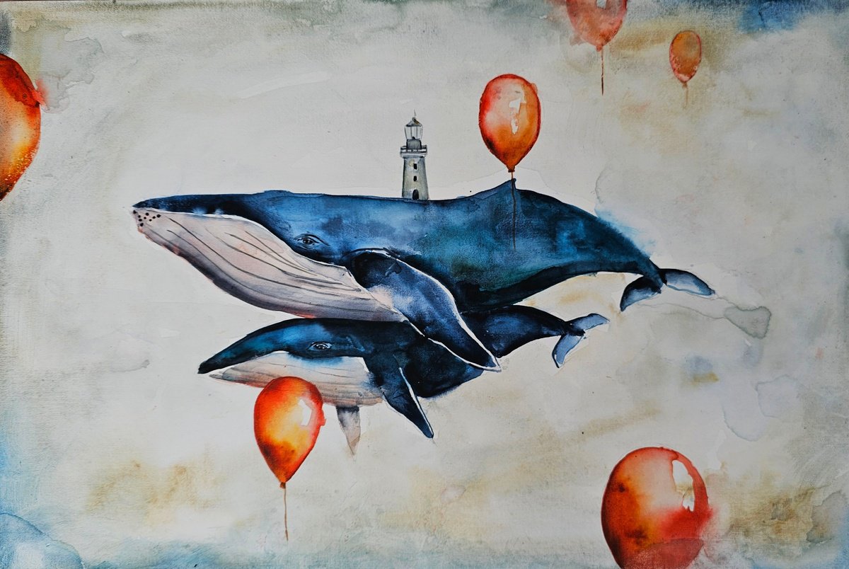 Surrealistic Animal Watercolour By Evgenia Smirnova, 24 X 16, Mother And Son, Original Artwork