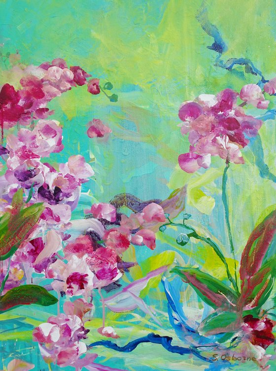 Abstract Orchid #1. Floral Garden Textured Painting. Tropical Flowers Art.