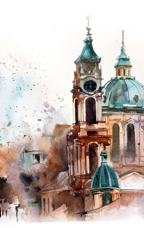 Prague Roofs Cityscape Watercolor by Sophie Rodionov