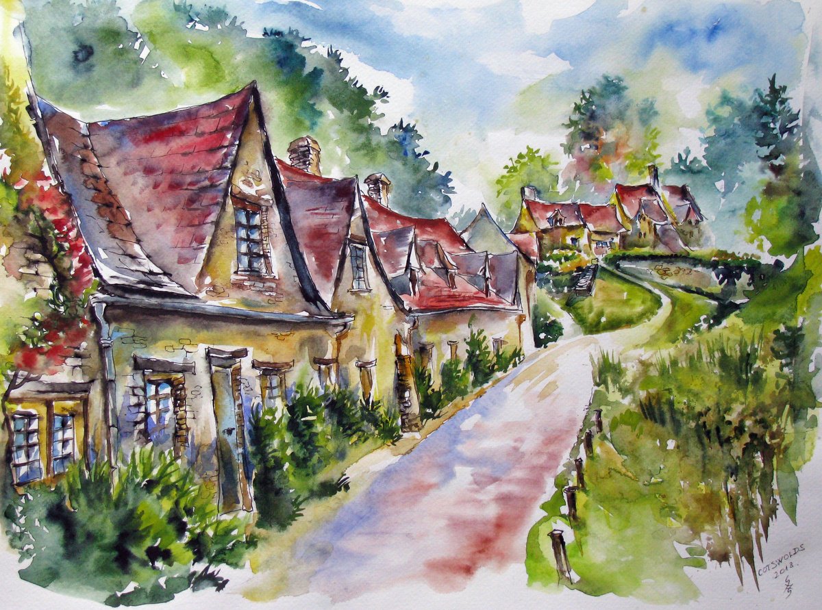 Impressionistic Cityscapes Watercolour By Szekelyhidi Zsolt, 19 X 14", Cotswolds, England, Original Artwork