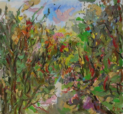 SUNNY DAY. MOSCOW LANDSCAPE - Original oil painting, plants, trees, autumn, river, green - plein air - gift by Karakhan