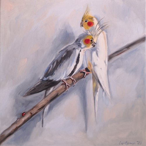 Sweet couple of corella cockatiel parrots Painting by Jane Lantsman