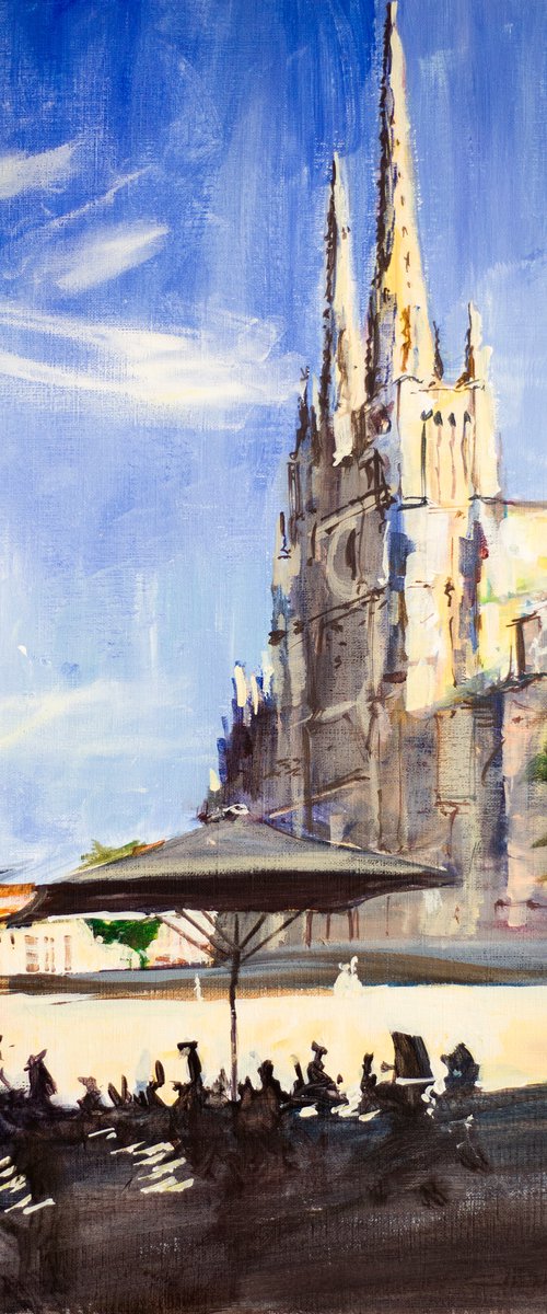 Bordeaux. Veiw of Cathedral with street cafe. Original acrylic painting france shade contrast by Sasha Romm
