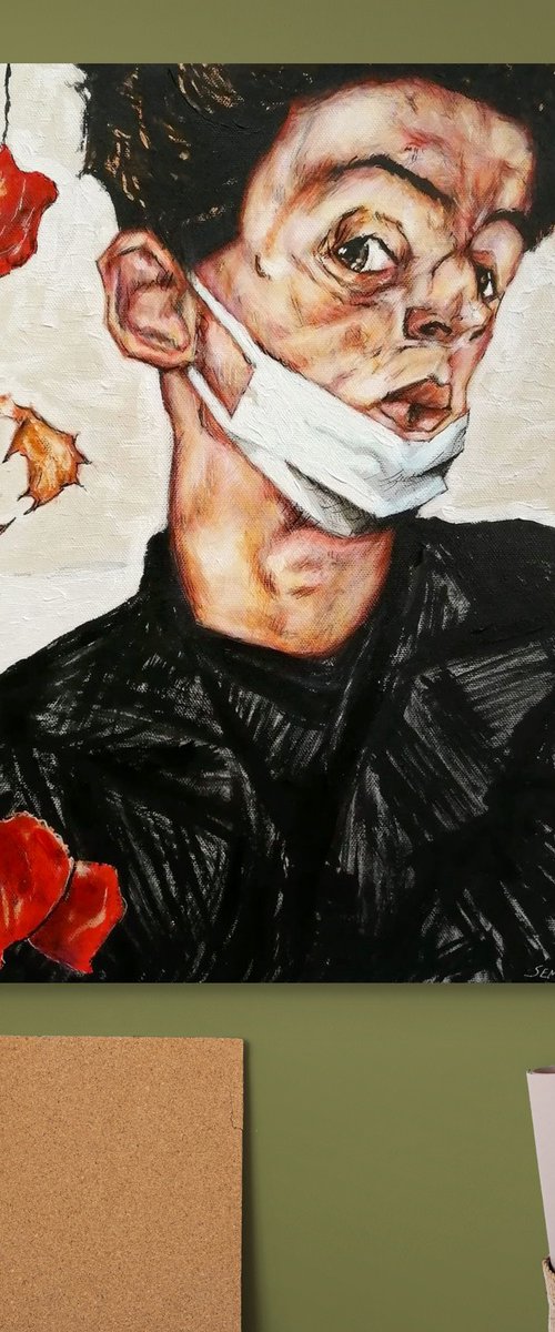 Egon Schiele style Man in mask by Evgen Semenyuk
