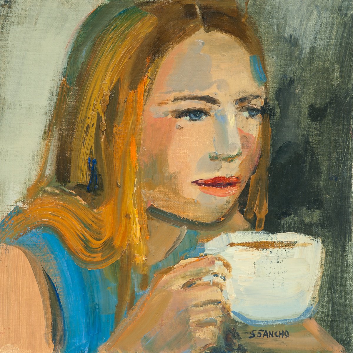 Expressive Portrait Oil Painting By Susana Sancho Beltran, 10 X 10", Coffee, Original Artwork