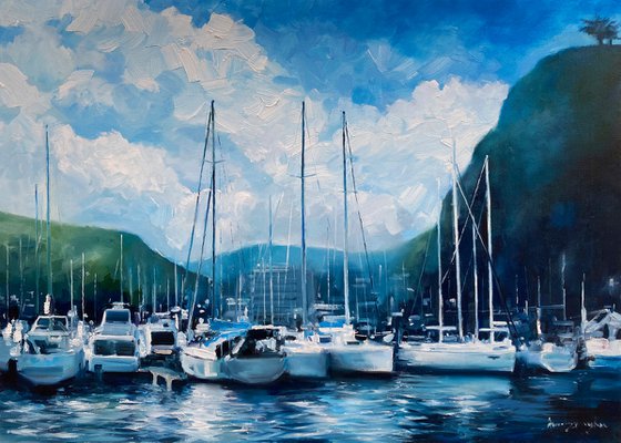 "Yachts Harbor"original oil painting by Artem Grunyka