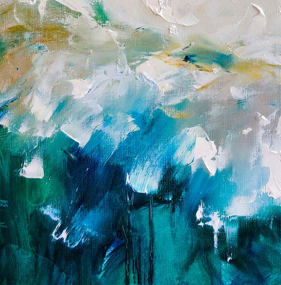 OPEN BUD - White. Peony. Floral. Royal Flower. Lush. Abstraction. Blue. Macro. Emerland. Modern. Close.