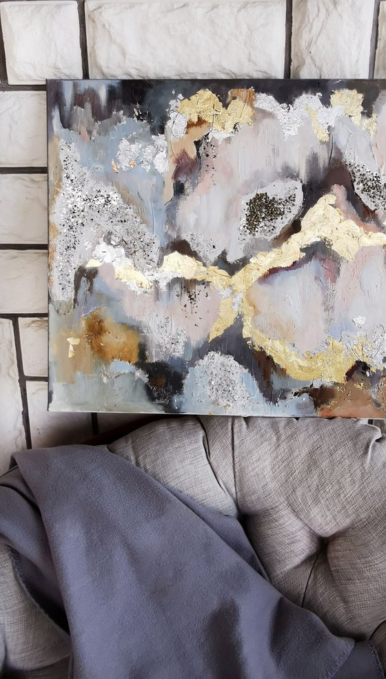 Gold foil abstract painting, Textured painting