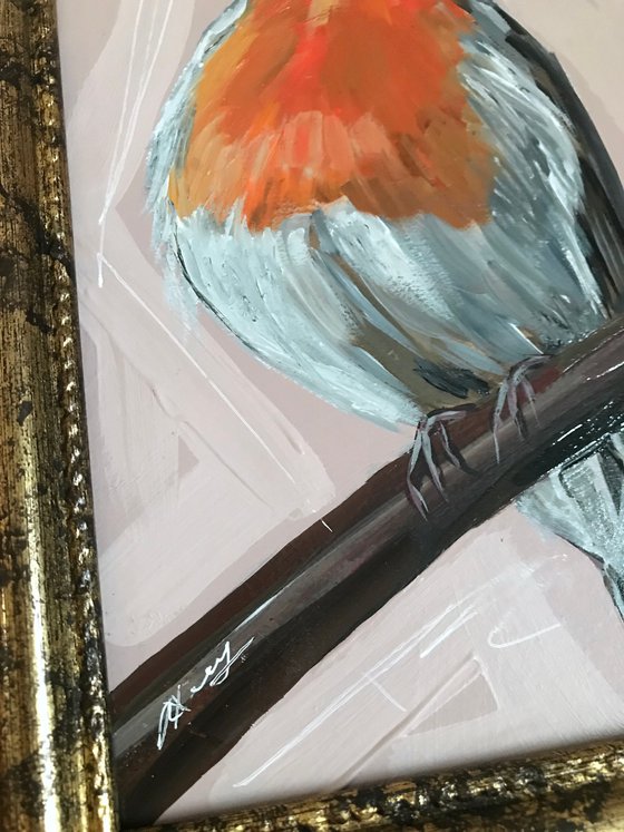 Robin bird Oil Painting framed 16x21cm