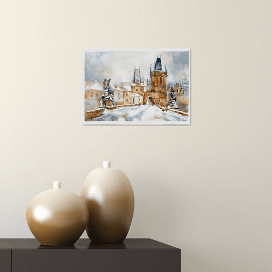 "Bridge in Prague. Winter architectural landscape" Original watercolor painting