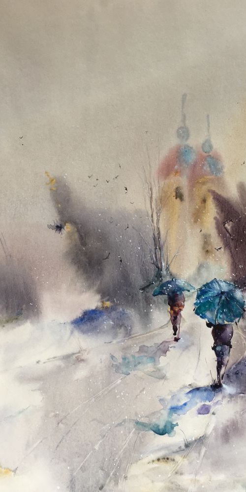 SOLD "Landscape with blue umbrellas and snowflakes" by Iulia Carchelan