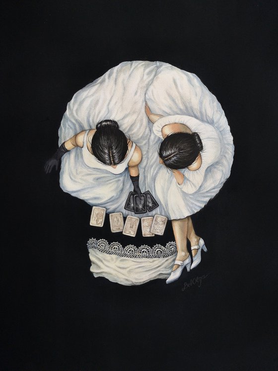 Tarot Reader Girl - Optical Illusion Skull Portrait - Halloween