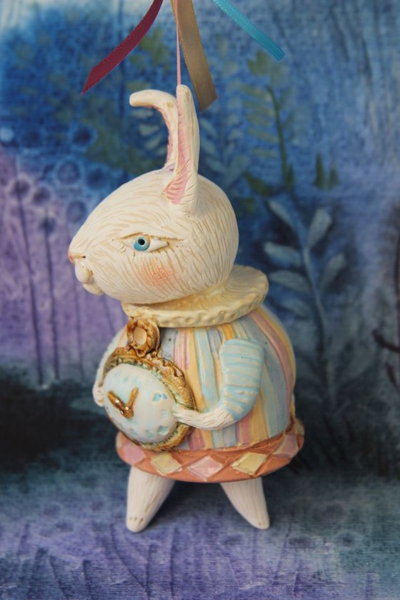 Little rabbit in harlequin dress. Hanging sculpture, bell doll by Elya Yalonetski