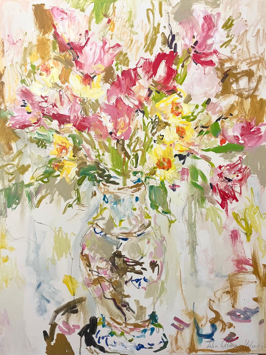 Impressionistic Botanical Oil Painting By Lilia Orlova-Holmes, 35 X 47", Spring Flowers In An Old Vase., Original Artwork