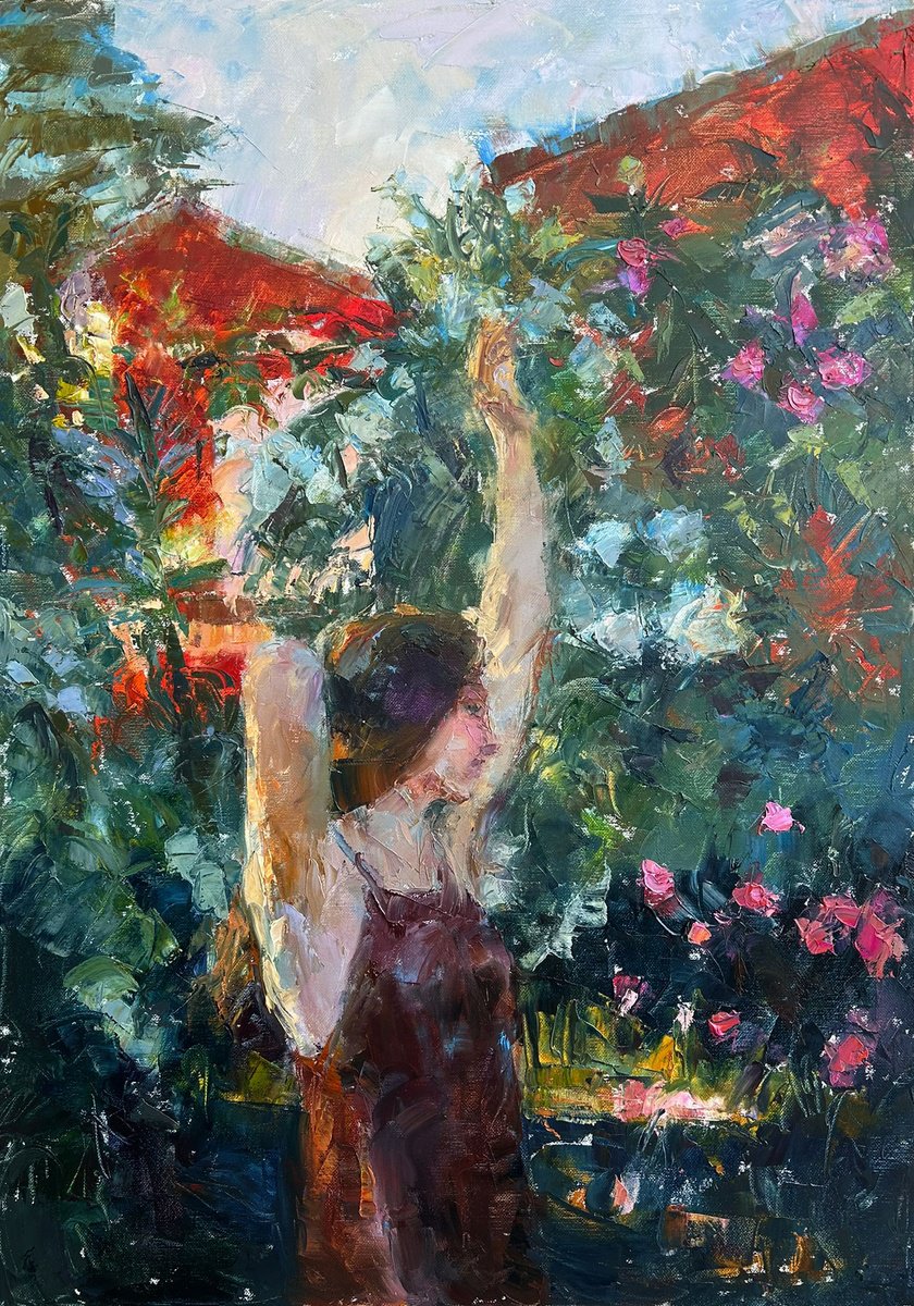 Impressionistic Portrait Oil Painting By Liudmyla Chemodanova, 20 X 28", Splashes Of Color And Flowers, Original Artwork