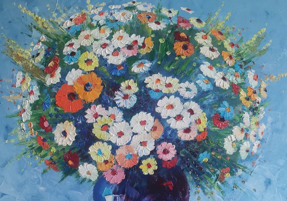 Field flowers in a vase (60x70cm, oil painting,  ready to hang)