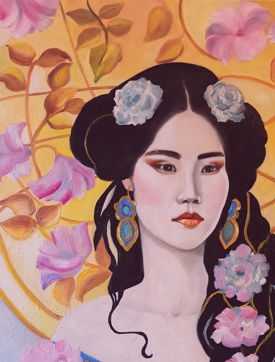 Geisha with pink flowers