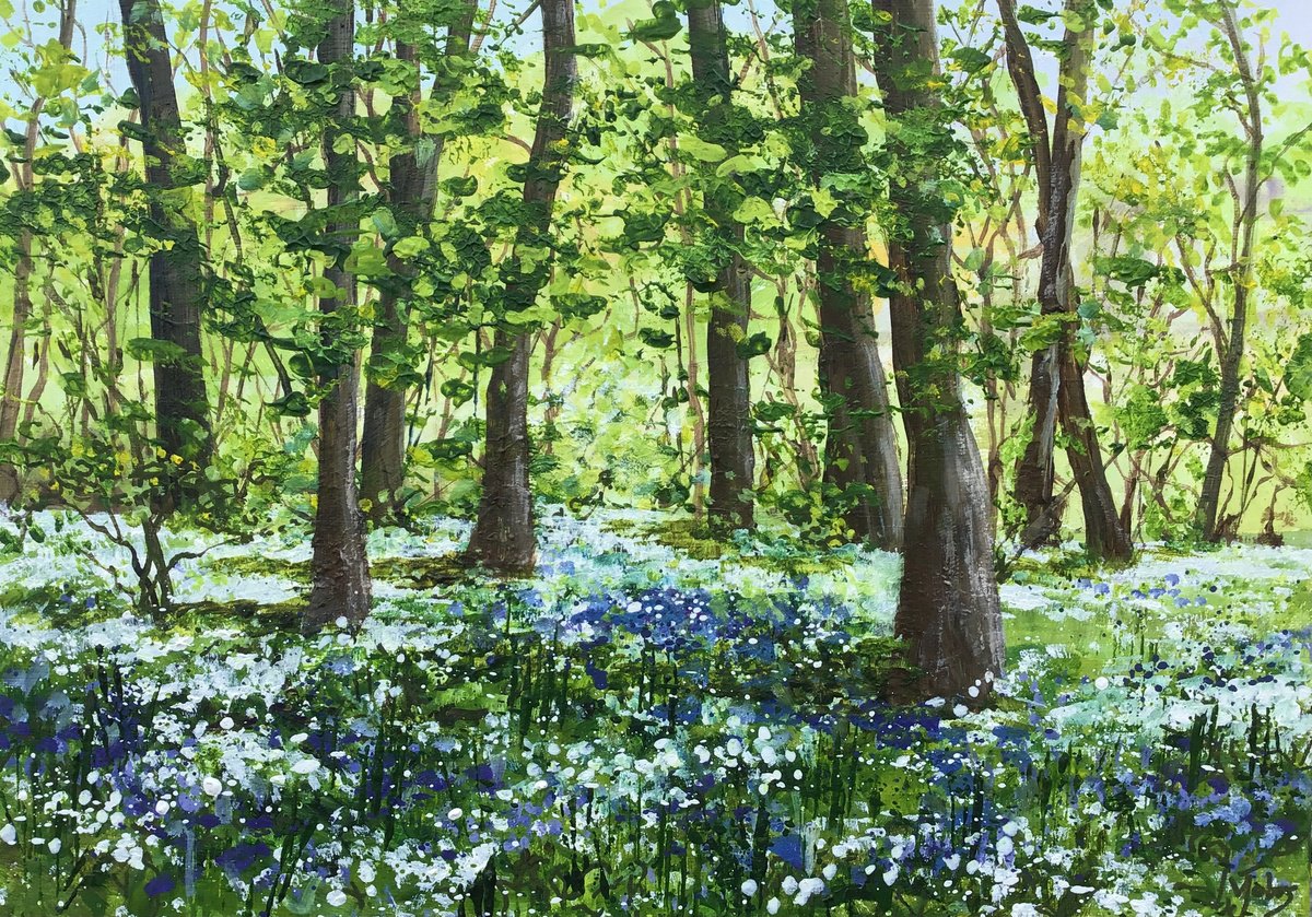Impressionistic Landscape Acrylic Painting By Valerie Jobes, 15 X 11", Wild Garlic And Bluebell Woods, Original Artwork